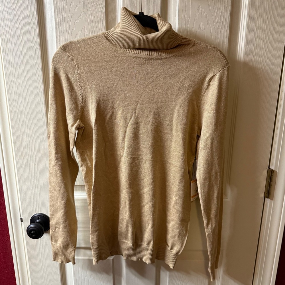 Anne Klein‎ Women's Old Gold Metallic Knit Turtleneck Sweater Size S